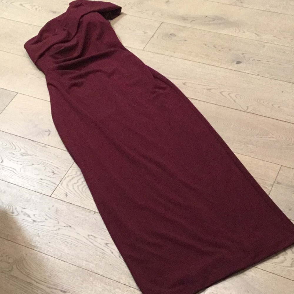 David's Bridal Deep Red One-Shoulder Gown